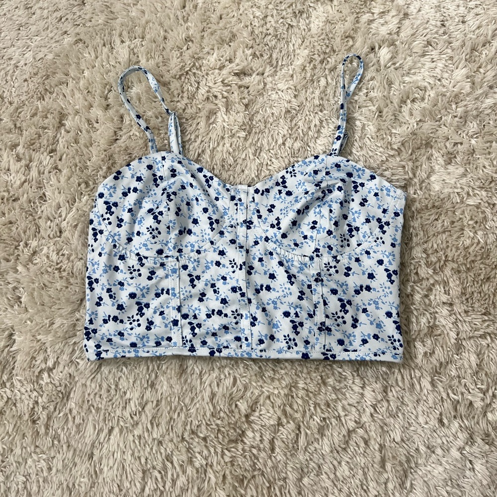 Floral Print Spaghetti Strap Fitted Bustier Crop Cami Tank Top